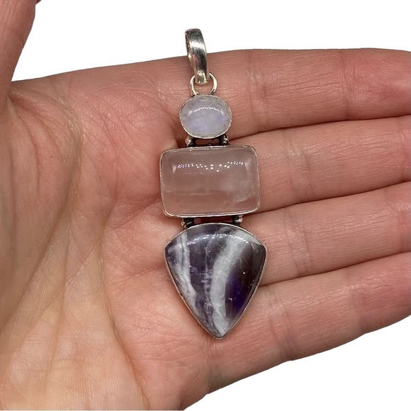 Rose Quartz Chevron Amethyst & Rainbow Moonstone Necklace Pendant 925 Overlay - Picture 2 of 3